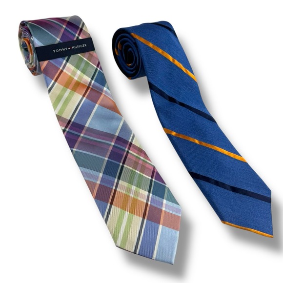 Tommy Hilfiger Mens Neck Ties Lot Of 2 Silk/Silk Blend Plaid Stripes 1 NEW 1 EUC - Picture 1 of 5